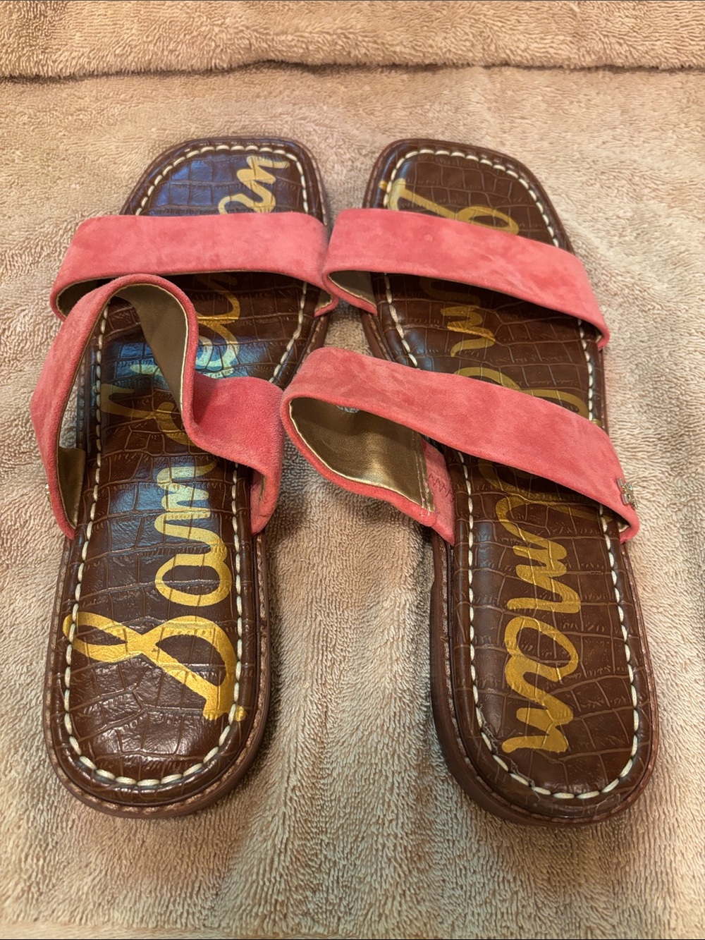 Sam Edelman Coral/Pink Suede Double-Strap Slide Sandals - size 10 - Picture 7 of 9